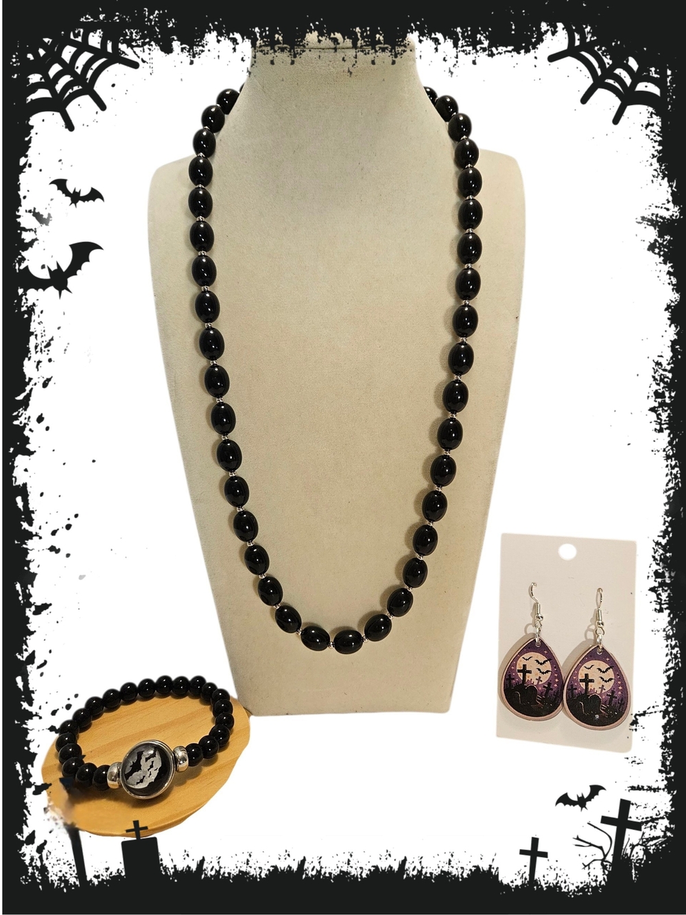 🎃 Halloween Black Beaded Jewelry Set - Bats & Haunted Graveyard Themed
